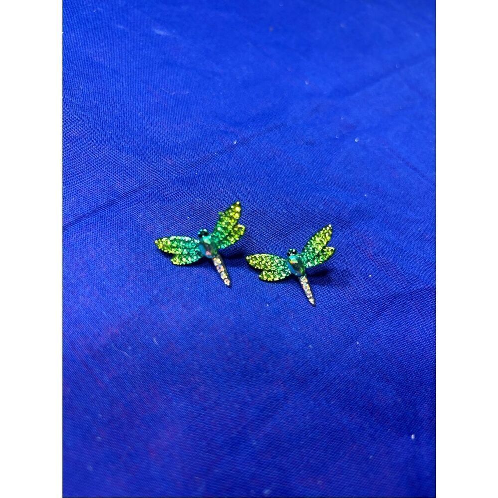 New Betsey Johnson Green Crystal Dragonfly Stud Earrings